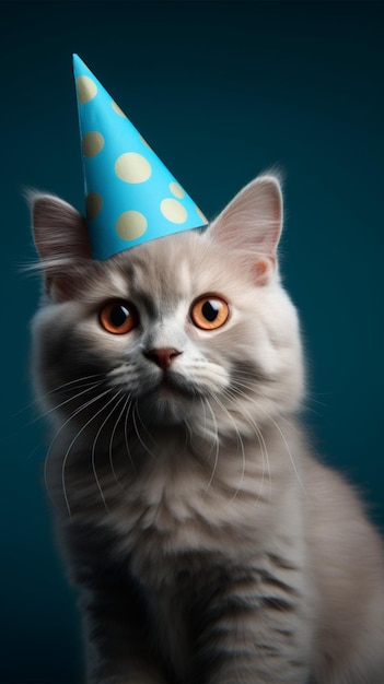 Chat félin festif avec chapeau d'anniversaire sur bleu