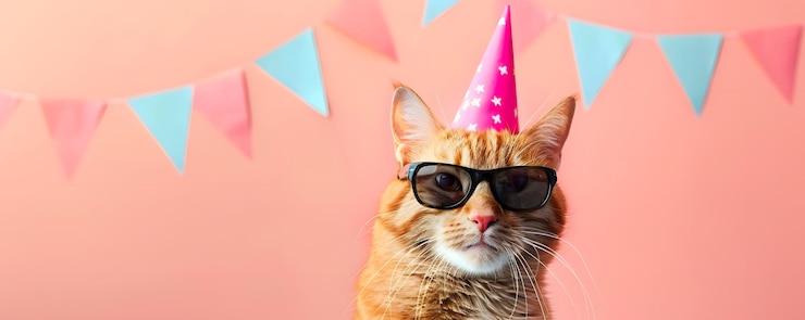 Photo un chat de fête avec des lunettes de soleil et un chapeau d'anniversaire