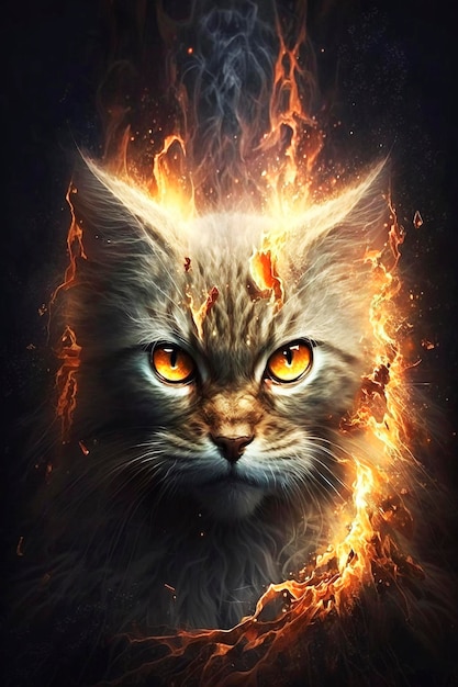 Un chat de feu avec un effet de feu.