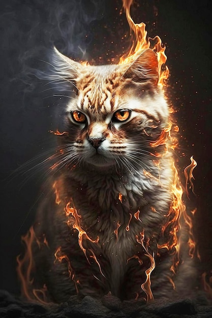 Un chat avec un feu sur son visage