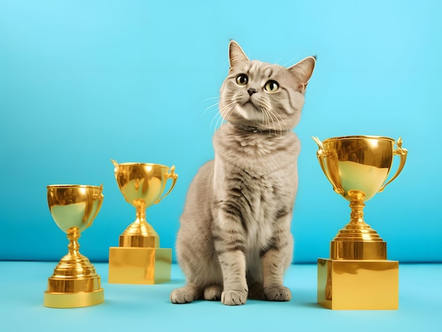 Un chat fier assis au milieu des trophées dorés sur un fond bleu ciel créé avec la technologie d'IA générative