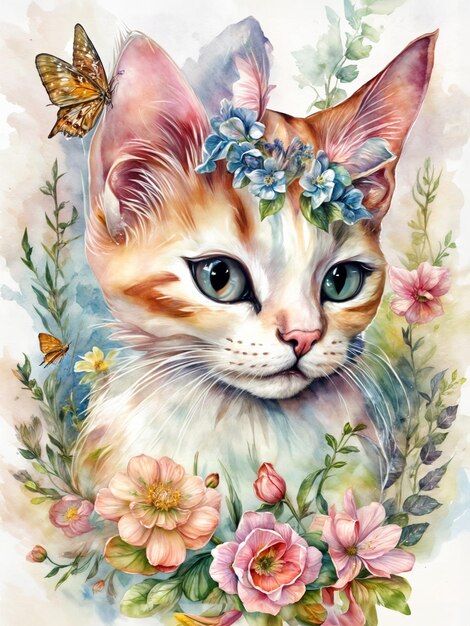 Chat avec des fleurs Portrait d'un chaton dans une décoration florale Chat mignon sur une carte postale