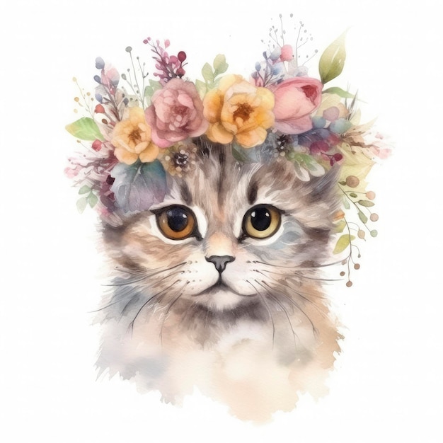 Chat avec des fleurs sur la tête aquarelle et couleurs pastel générat ai