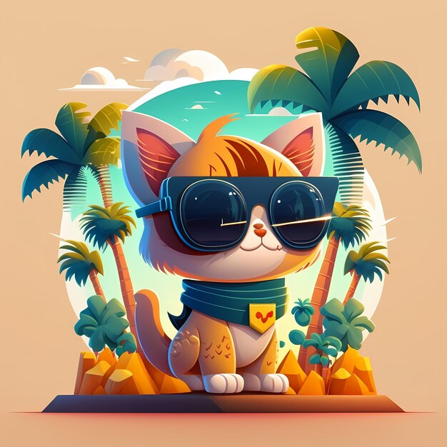 chat de fond d'été portant des lunettes de soleil avec plage et palmiers