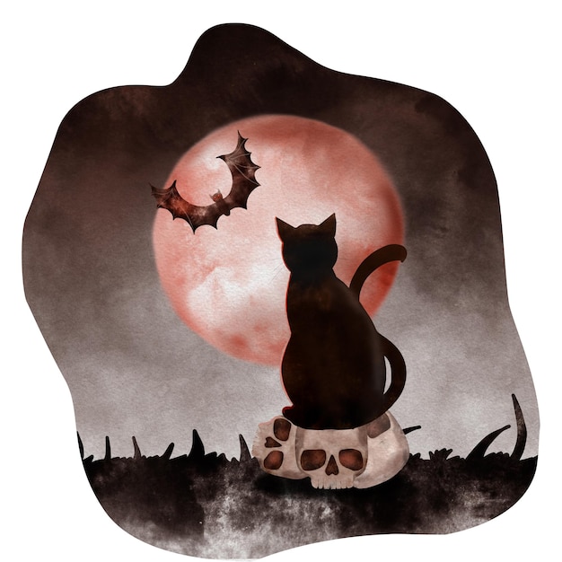 Chat sur le fond de la lune Illustration aquarelle sur fond blanc isolé