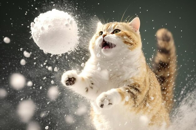 Chat frappé par une boule de neige Chaton mignon avec un visage surpris et en colère frappé par la neige pendant la bataille de neige AI générée