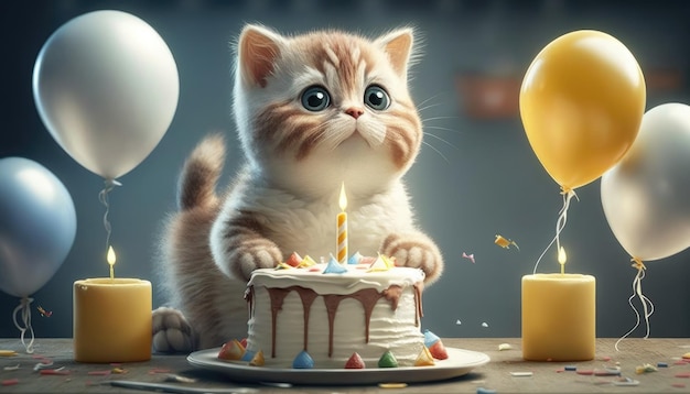 Un chat avec un gâteau d'anniversaire et des ballons