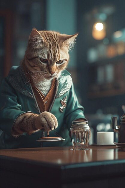 chat avec un gilet vert et des yeux verts se tient à côté d'une tasse de café ai générative