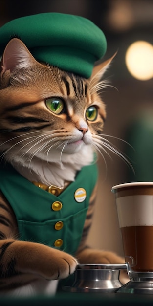 Un chat avec un gilet vert et des yeux verts se tient à côté d'une tasse de café.