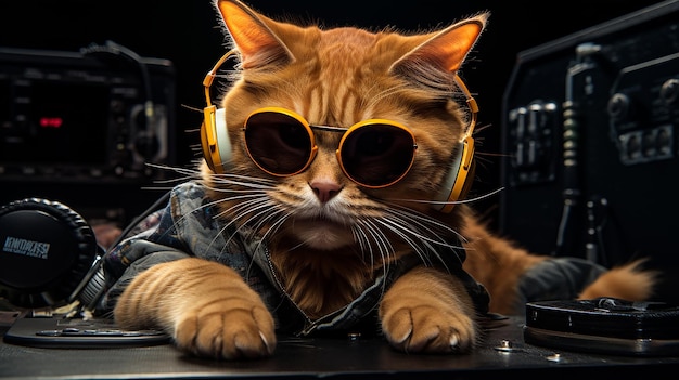 chat gingembre dj avec lunettes de soleil et écouteurs jouant de la musique