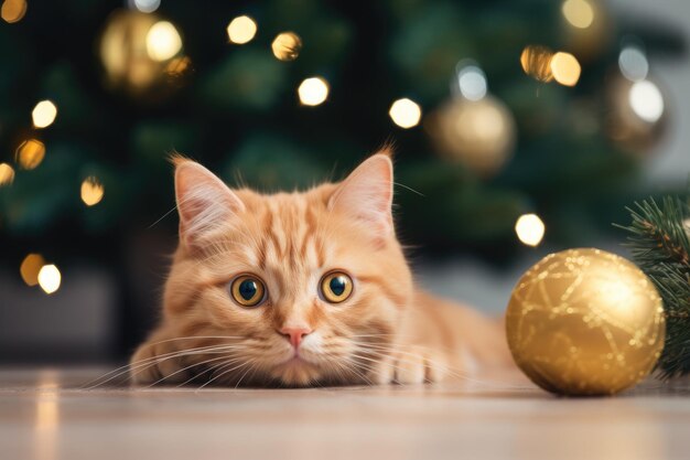 Le chat gingembre se cache causant la ruine de Noël la peur de la punition des boules cassées