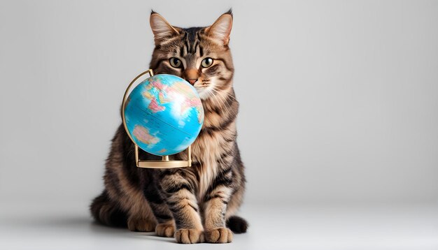 un chat avec un globe dans sa bouche et un globe au milieu