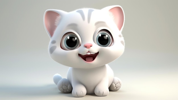 Un chat avec de grands yeux et de grands yeux est assis sur une surface blanche.