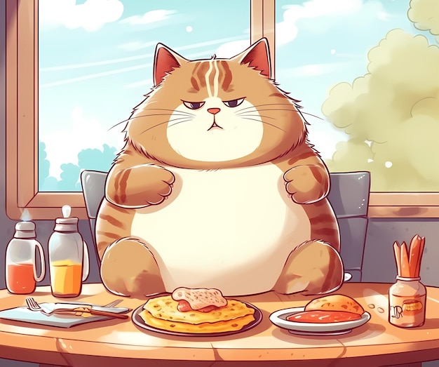 Un chat gras à la salle de sport ou devant de la malbouffe un personnage de dessin animé en colère