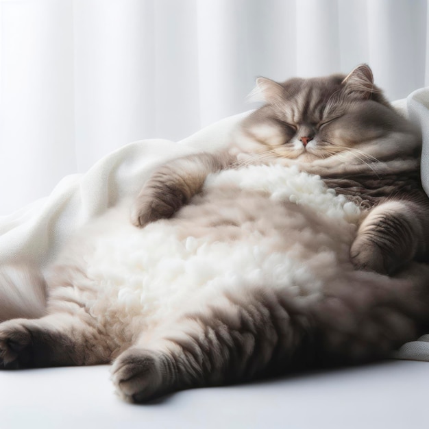 Un chat gras se détend sur un fond blanc.