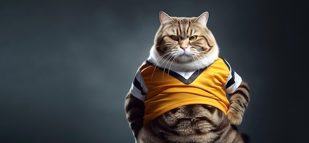 Un chat gras en uniforme de sport sur un fond sombre, une bannière pour le texte.