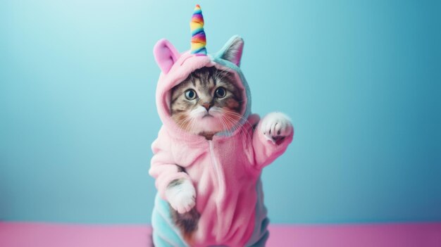 Un chat gras vêtu d'un mignon costume de licorne qui fait une pose.