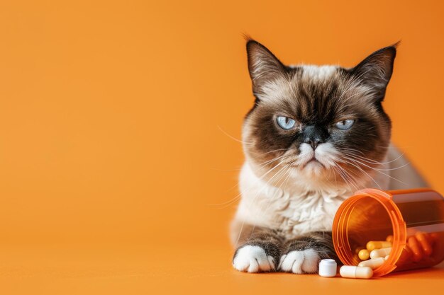 Un chat grincheux à côté d'une bouteille de pilules sur un fond isolé