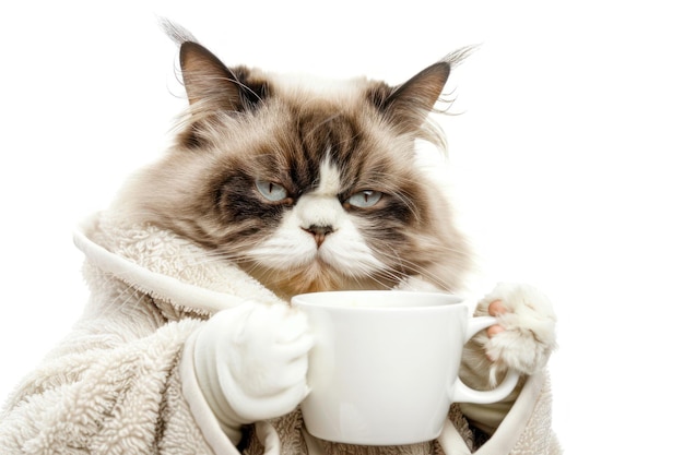 Un chat grincheux en peignoir tenant une tasse de café dans sa patte.