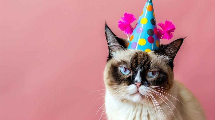 Photo un chat grincheux portant un chapeau d'anniversaire sur un fond rose