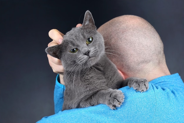 Chat gris assis sur l'épaule d'un homme