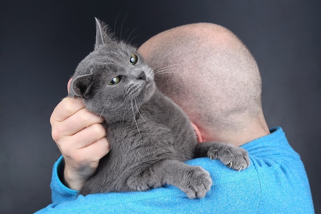 Chat gris assis sur l'épaule d'un homme