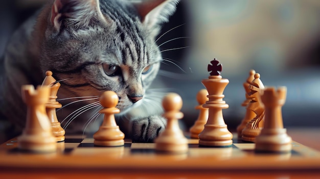 Un chat gris et blanc est assis devant un échiquier. Le chat regarde les pièces d'échecs avec intérêt.