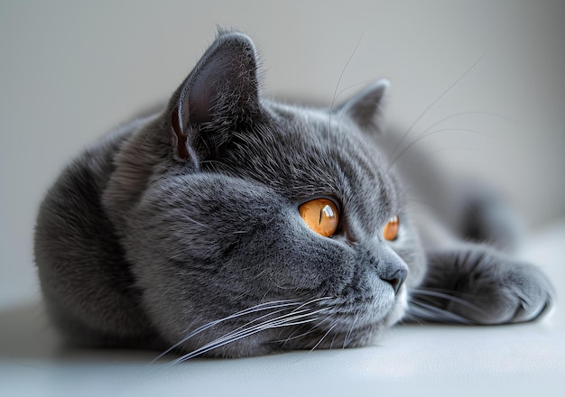 Un chat gris couché sur une surface blanche