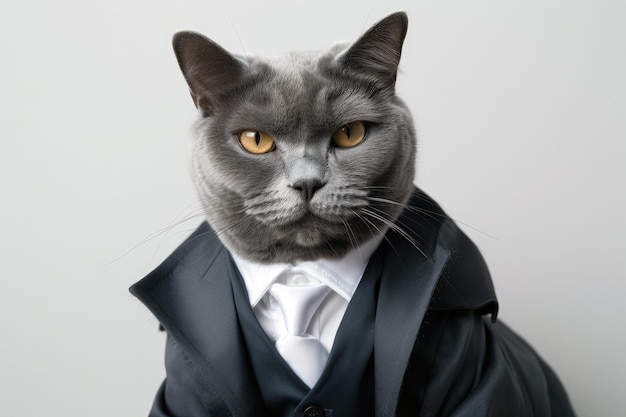 Chat gris dans un costume d'affaires noir Mans sur fond blanc IA générative