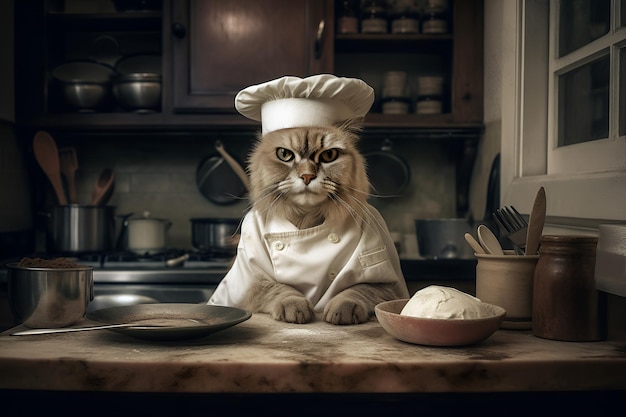 Un chat gris dans une toque dans la cuisine 1