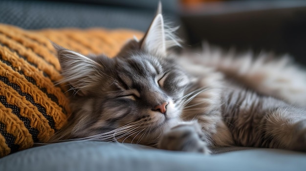 Un chat gris endormi enroulé sur une couverture en moutarde