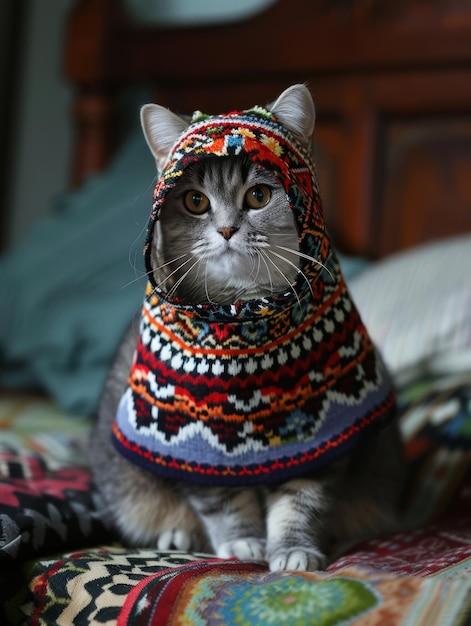 Photo un chat gris enveloppé dans un tissu traditionnel coloré