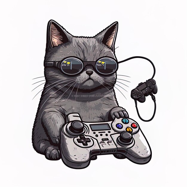 Chat gris à lunettes avec manette