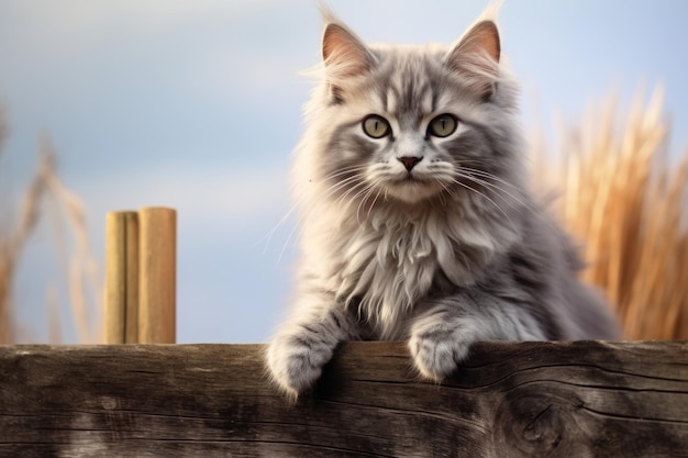 Un chat gris perché sur une clôture en bois.