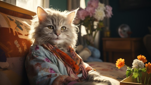 Un chat gris portant une robe florale est assis sur un canapé et regarde la caméra