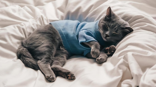 Photo un chat gris en pull bleu est allongé sur une couverture blanche.