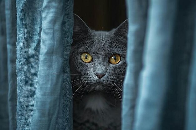 un chat gris regarde par une fenêtre avec les yeux jaunes