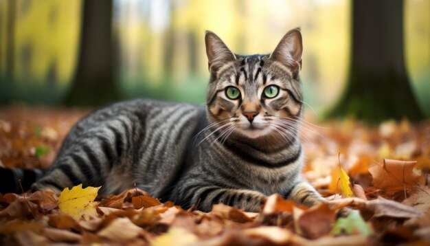 Un chat gris tabby est assis sur des feuilles d'automne dans un parc.