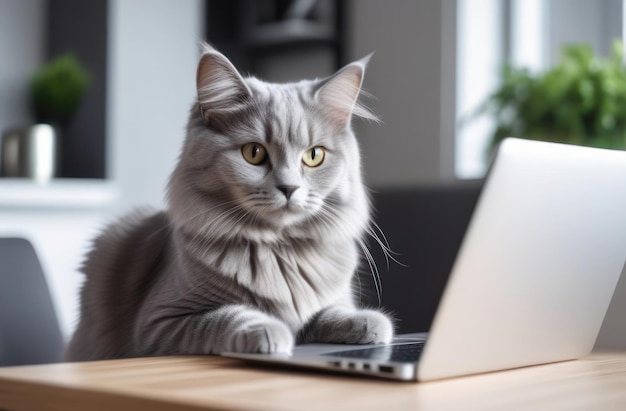 Le chat gris travaille sur l'ordinateur portable. Le grand patron est drôle.