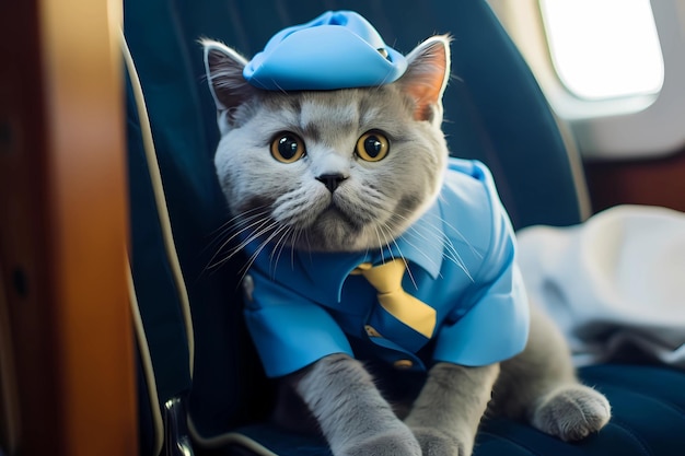 Un chat gris en uniforme d'hôtesse de l'air.