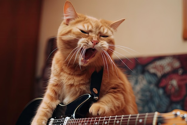 Chat à La Guitare électrique Se Balançant Pour Frapper Une Chanson Créée  Avec Une Ia Générative