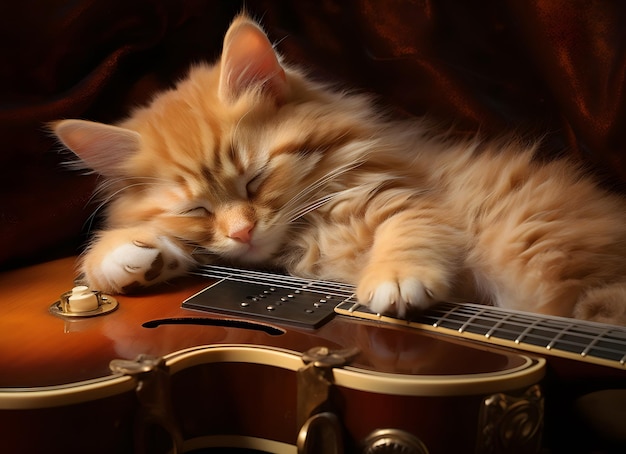 Un chat avec une guitare.