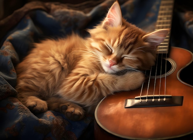 Un chat avec une guitare.