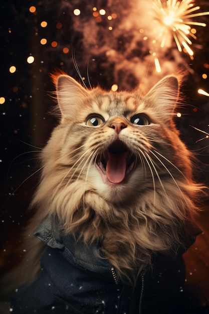 Un chat heureux célèbre la veille du Nouvel An avec des étincelles et des feux d'artifice