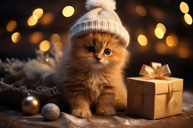 Un chat heureux avec un chapeau de Noël parmi les cadeaux de Noël générés par l'IA