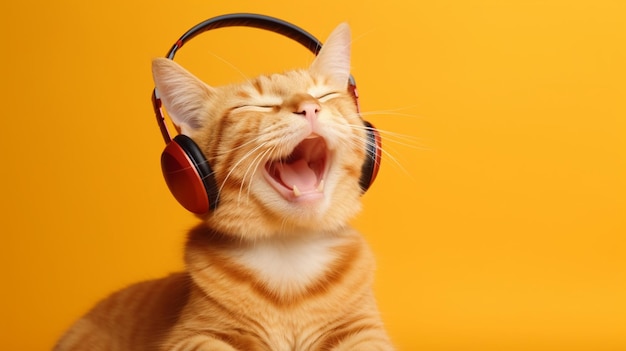 Un chat heureux portant des écouteurs portrait sur un fond orange isolé