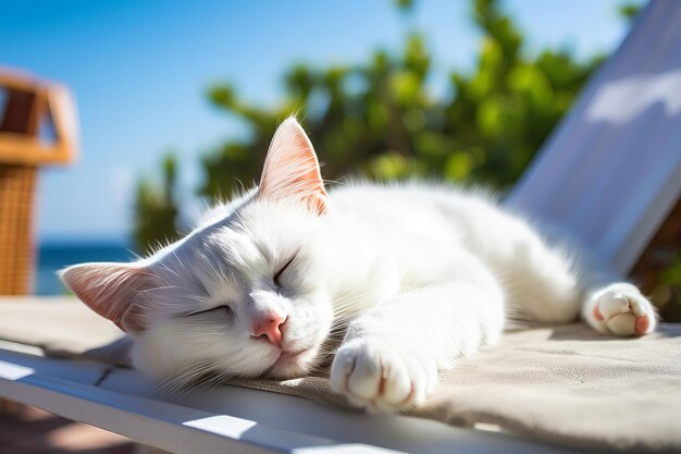 Un chat heureux et satisfait est allongé sur un fauteuil solaire sur la plage en été.