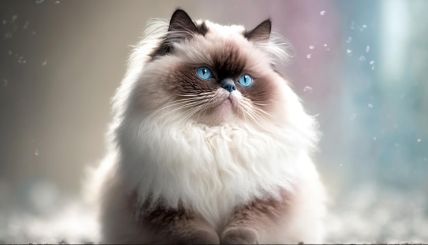 Chat de l'Himalaya Coup moyen Blanc Rose Bleu Magique Fantaisie Bokeh Generative AI