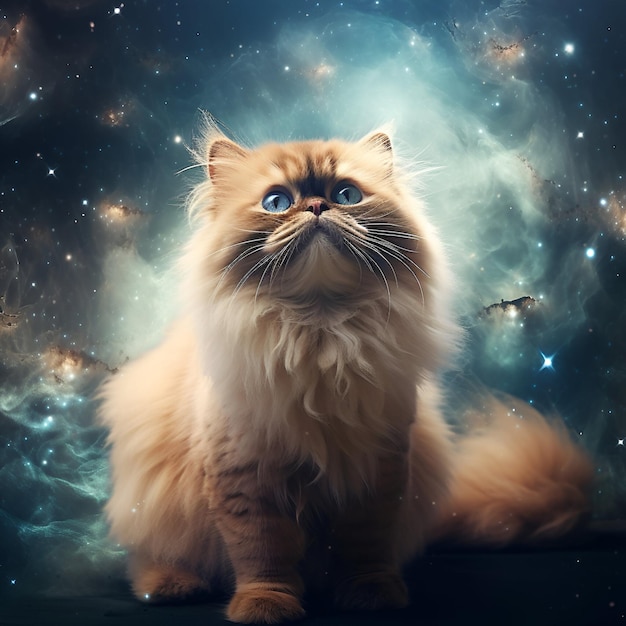 Un chat de l'Himalaya avec une galaxie et des étoiles en arrière-plan