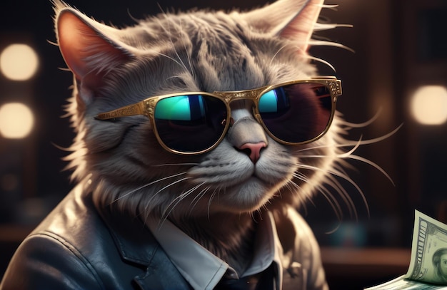 Chat hipster riche et cool avec des lunettes de soleil et de l'argent liquide comme un gangster